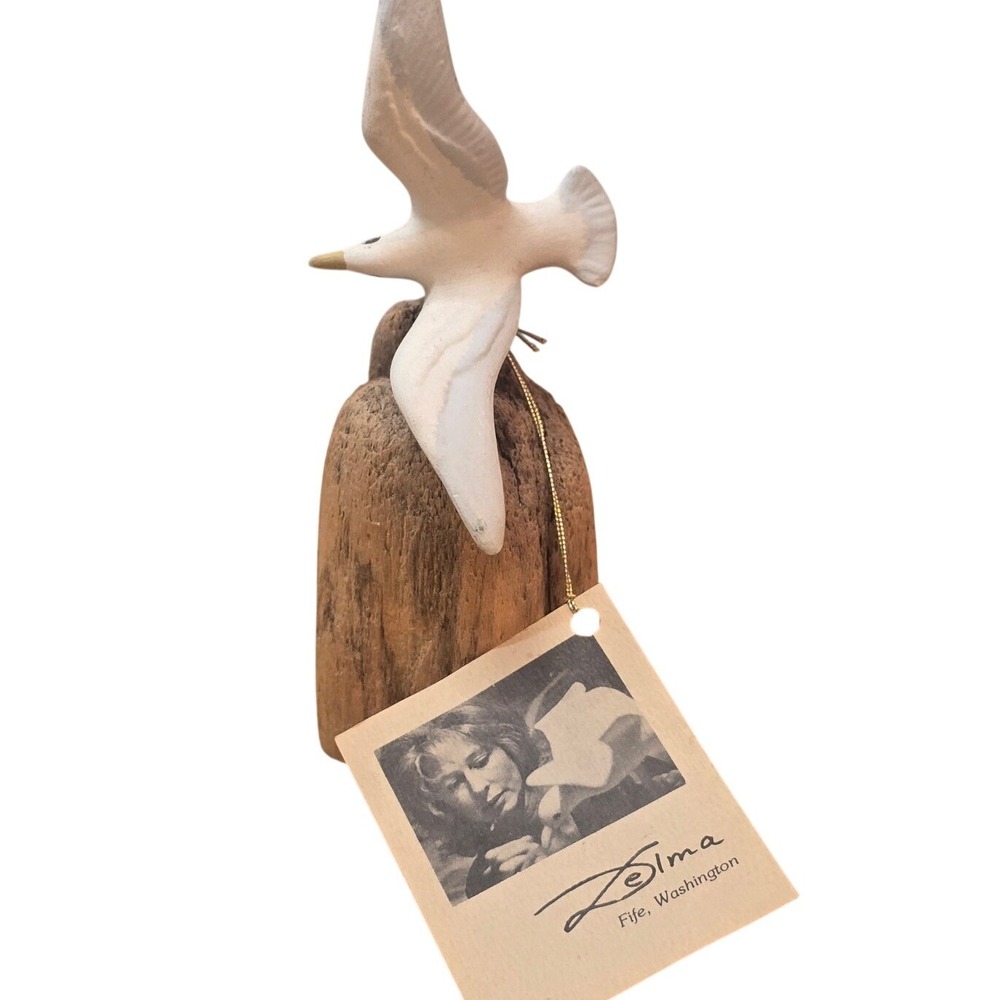 Vintage Seagull Ceramic‎ Figure Mounted on Wood Hand Painted Artist DELMA 7"